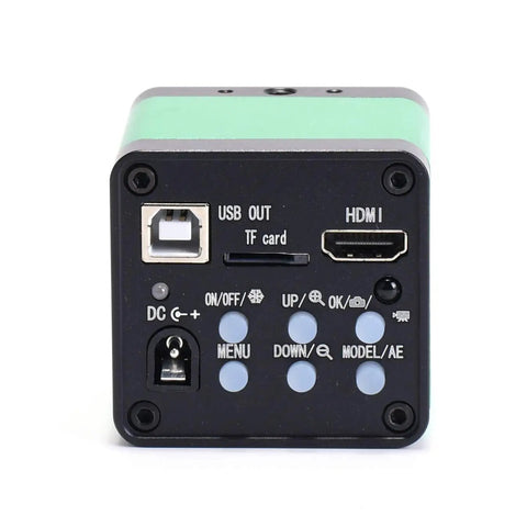 Back view of 48MP C Mount Digital Microscope Camera showing HDMI, USB ports, and control buttons for PCB soldering and repair.
