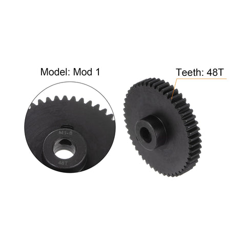 Mod 1 48T Pinion Gear With 8mm Bore For RC Cars And Trucks, Hardened 45 Carbon Steel Pinion Drive Gear side and close-up view