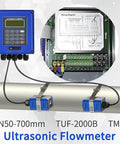 Digital Ultrasonic Flow Meter For Liquids TUF-2000B Bi-Directional 0 To 10 Meters Per Second IP67 with sensor mounted on pipe