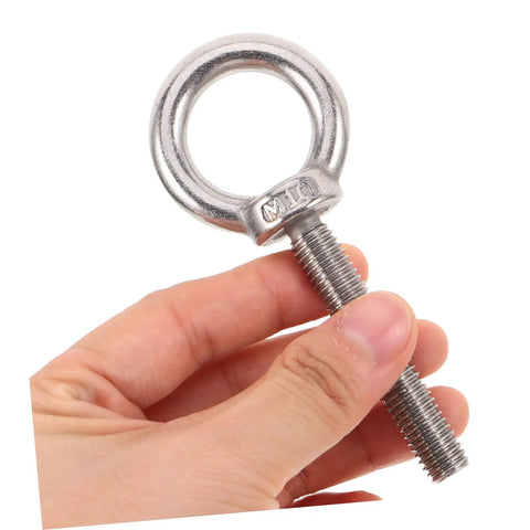 Top Shelf Stainless Steel Eye Bolts M10x60 With Heavy Duty Nuts And Washers Built Tough For Machinery Lifting Secure Rigging And Extreme Load Hardware Kit held in hand.