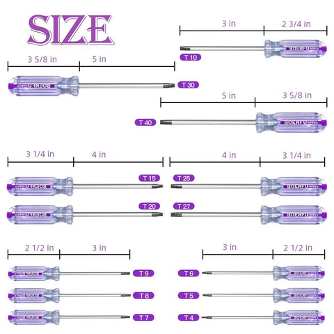 Beefy Tamper Proof Torx Star Screwdriver Set 13 Piece Heavy Duty Magnetic Chrome Vanadium T4-T40 Purple Handles Size Chart