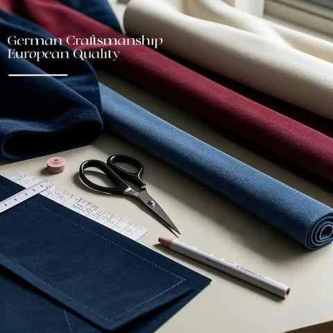 Assorted color fabric rolls with scissors, ruler, and pen on white surface, showcasing German craftsmanship and European quality.