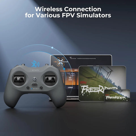 LiteRadio 4 10 Channel Radio Transmitter With Built In 2000mAh 1S Lipo Bluetooth Connection FPV Simulator Ready next to devices