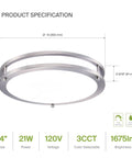 14 Inch Round Flush Mount Ceiling Light With 3 CCT Dimmable LED Energy Star ETL Listed 21W 1675 Lumens 120V Nickel Finish
