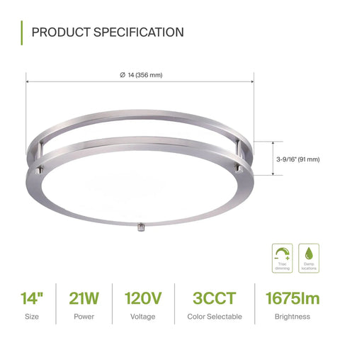 14 Inch Round Flush Mount Ceiling Light With 3 CCT Dimmable LED Energy Star ETL Listed 21W 1675 Lumens 120V Nickel Finish