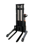 Heavy Duty Electric Pallet Stacker With Straddle Legs Boasting A Massive 2640 Lb Capacity And An Impressive 118 Inch Lift Height. Side view of stacker with forks.