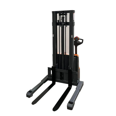 Heavy Duty Electric Pallet Stacker With Straddle Legs Boasting A Massive 2640 Lb Capacity And An Impressive 118 Inch Lift Height. Side view of stacker with forks.