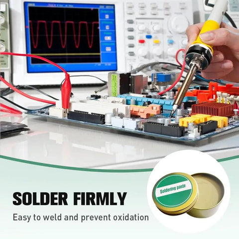 Soldering iron applying 100G Pro Grade Soldering Flux Paste for Precision Electronics on a circuit board with equipment.