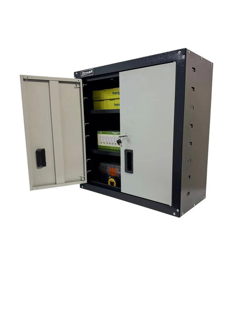 Heavy Duty Steel Security Cabinet With 2 Adjustable Shelves Pre Drilled Holes And Mounting Hardware HMC Tubular Lock With 100 Combinations 66 Pound Frame Load 22 Pound Per Shelf Compact 12 Inch Depth visible contents