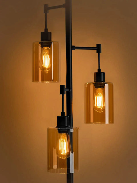 Industrial Floor Lamp With Amber Glass Shades Three Head Tree Design Tall Black Pole Lamp illuminated with LED bulbs
