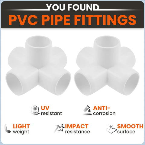 Four Pack 3/4 Inch 5 Way PVC Fitting Elbow Connector For DIY Shelving Garden Support Structures And Storage Frames Built To Last Heavy Duty Furniture Grade White PVC Pipe Elbow Joint Kit Frost And Corrosion Resistant displayed with features icons.