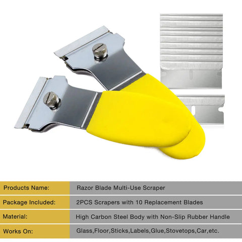 Two Pack Heavy Duty Razor Blade Scraper Tool Set with Ten Extra Blades, yellow rubber handle, non-scratch design for various surfaces