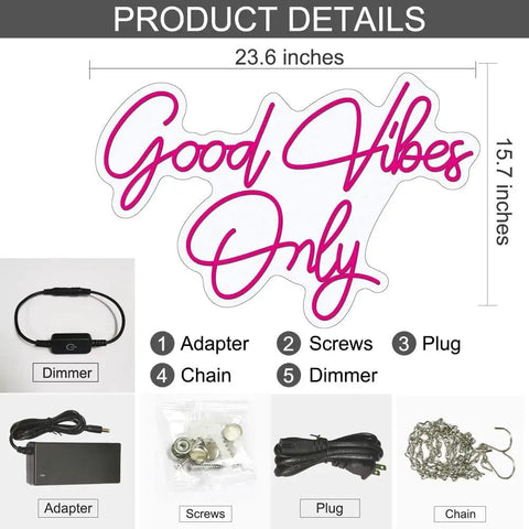Pink LED Neon Sign For Wall Decor Good Vibes Only Neon Sign 23.5x15.5 Inch with adapter, dimmer, screws, plug, and chain included