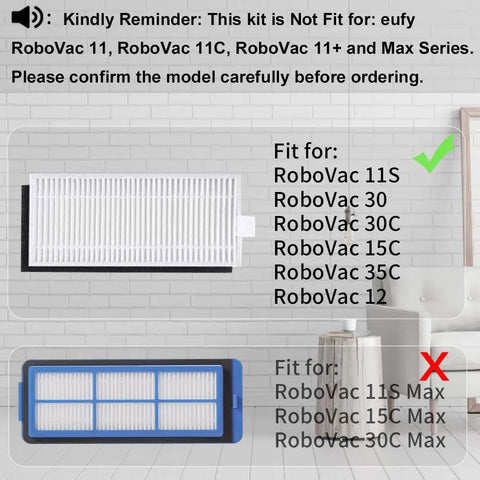Replacement Parts Kit For RoboVac 11S, 30, 30C, 15C, 12, 35C featuring filters compatible list and non-compatible models note