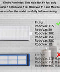 Image showing filters compatible with RoboVac 11S, 12, 15C, 30, 30C, 35C and not for Max series. All In One RoboVac Replacement Parts Kit Included.