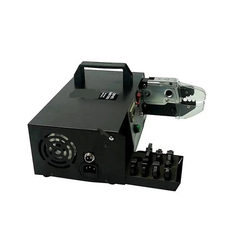 Pro Grade Electric Terminal Crimping Machine With Badass Multi Jaw Wire Cutting And Stripping Pliers For Automotive Electrical Projects, black housing, compact design.