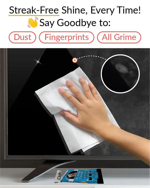 Hand using XL Pro Grade Electronics Cleaning Wipe For TV Monitor And Laptop 9 By 12 Inch Pre Moistened Cloth With 70 Percent Isopropyl Alcohol on screen.