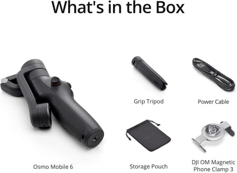 Osmo Mobile 6 Smartphone Gimbal Stabilizer With 3-Axis Stabilization, accessories including grip tripod, power cable, phone clamp.