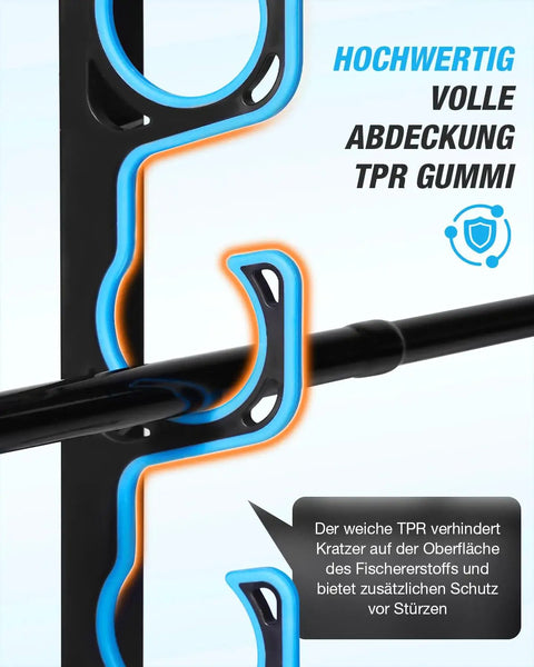 Close-up of Heavy Duty Fishing Rod Holder 2 Pack for Garage Storage Ceiling Or Wall Mount Rod Rack with blue TPR coating.