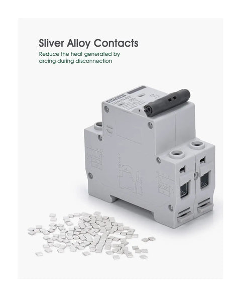 32 Amp AC Miniature Circuit Breaker 2 Pole DIN Rail Mount Thermal Magnetic Trip Switch For Solar Or Home AC Systems 120 240V C Curve MCB 63 Amp Heavy Duty Overload And Short Circuit Protection showing silver alloy contacts.
