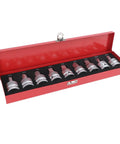 Crucial 9 Piece Torvex Impact Socket Set With 3/4 Inch Drive Cr Mo Hex And Spline Bits For Auto Repair And Workshop Maintenance From M16 To M18 Fasteners Plus Storage Box Included, red case open