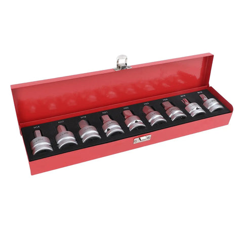 Crucial 9 Piece Torvex Impact Socket Set With 3/4 Inch Drive Cr Mo Hex And Spline Bits For Auto Repair And Workshop Maintenance From M16 To M18 Fasteners Plus Storage Box Included, red case open