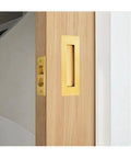 Gold Finish 4.72 Inch Pocket Door Handles And Edge Pulls In 304 Stainless Steel Recessed Flush Finger Pulls installed on wood door