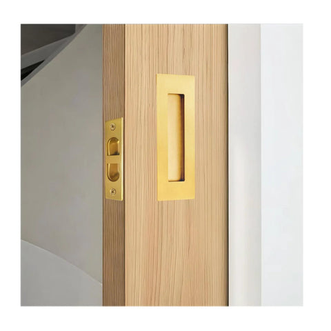 Gold Finish 4.72 Inch Pocket Door Handles And Edge Pulls In 304 Stainless Steel Recessed Flush Finger Pulls installed on wood door