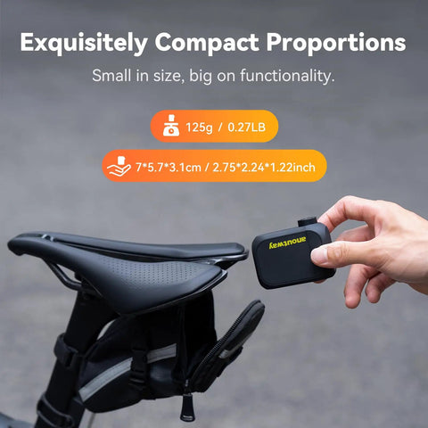 On-The-Go Mini Bike Pump With Gauge next to a bicycle seat, showcasing its ultra-compact size and portability.