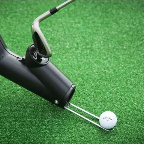 Hands Free Golf Ball Shagger And Feeder Dispenser Holds Up To 35 Balls For Repetitive Swings Auto Feed Training Aid in use on turf.