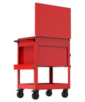 Side view of red Rolling Tool Chest With Drawers And Locking Steel Cabinet Power Outlets And USB Port Four Swivel Casters