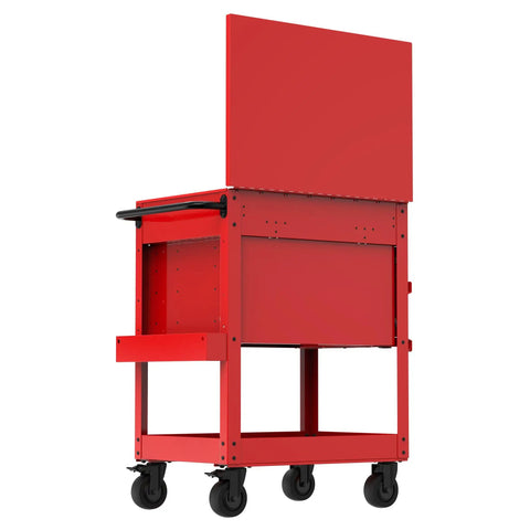 Side view of red Rolling Tool Chest With Drawers And Locking Steel Cabinet Power Outlets And USB Port Four Swivel Casters