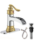 Waterfall Bathroom Faucet For 1 Or 3 Holes, Widespread Single Handle, Dope Gold And Chrome Finish, Rustic Farmhouse Vanity Sink Faucet