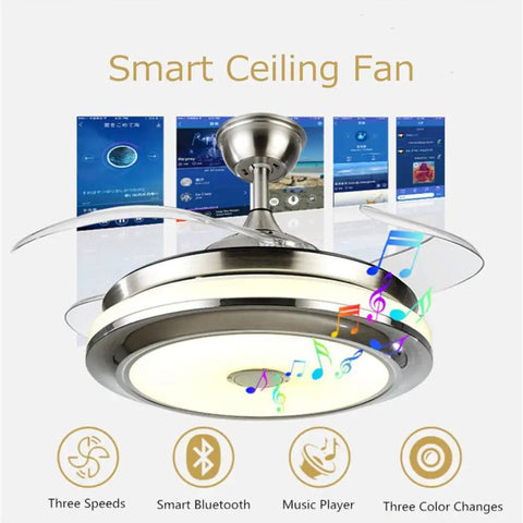 36 Inch Modern Ceiling Fan With Light Smart Bluetooth Music Player Chandelier Style Three Color Options 3 Speeds Invisible Blades Remote Control Silent Copper Motor LED Light Kit Included