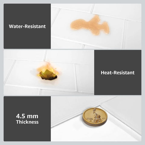 Easy DIY Peel and Stick Glass Backsplash Tiles for Kitchen or Bathroom, showing water and heat resistance, 4.5 mm thick, subway white 3x6 inch tiles.