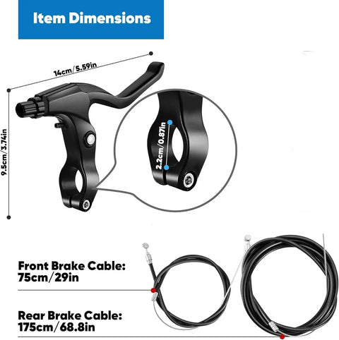 All In One Complete Front And Rear C Type Bike Brake Set With Levers And Cables For MTB And Road Bikes Includes Inner And Outer Cables And Wrench Tool Ready To Install showing lever dimensions and cable lengths