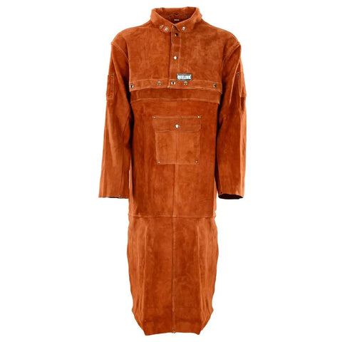 Leather Welding Apron With Sleeve Heavy Duty Flame Resistant Shield Open Back Design Keeps You Cool While You Grind Weld Or Cut Blacksmith Style Thick Split Cowhide Brown 48 Inch X Large, front view