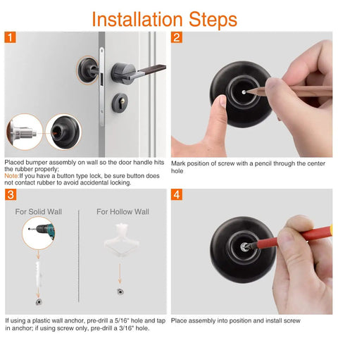 Installation steps for Solid Wall Door Bumper Stop With Thick 1 1/8 Inch Rubber Cushion And Matte Black Metal Shield.