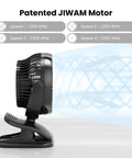Clip On 5 Inch Fan With Aroma Function side view showing airflow and speed settings, powered by patented JIWAM motor
