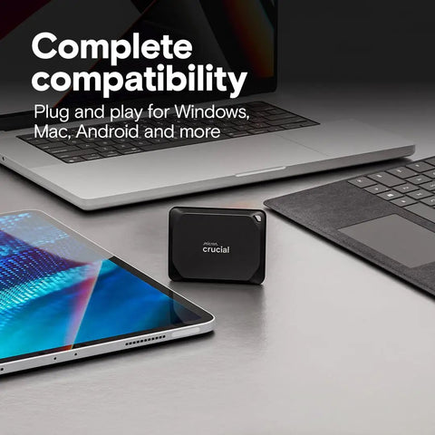 X10 Pro 4TB Portable SSD with laptops and tablet showing PC and Mac compatibility