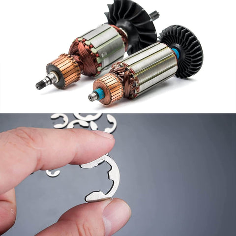 Stainless Steel Circlip Retaining Ring Assortment Kit, E Clip Washers, Ten Sizes M1.5 to M10, 120 or 200 Pcs Per Box, 304 Stainless, Shaft Fastener Rings Set For Home, Workshop, And DIY Projects on gray surface next to mechanical components.