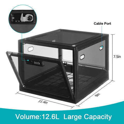 Secure Combination Lock Box in Black with open door, volume 12.6L, dimensions 11.4x9x7.5 inches, cable port visible, large capacity