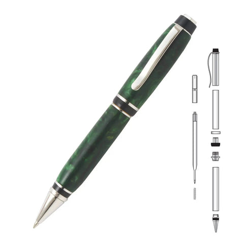 Big Ben Cigar Twist Ballpoint Pen Kit Starter Kit for Woodturning Projects showing green pen and disassembled parts diagram.