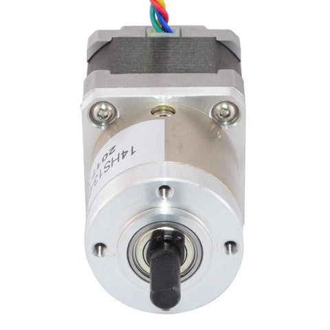 NEMA 14 geared stepper motor with 19:1 planetary gearbox, silver aluminum housing, front view