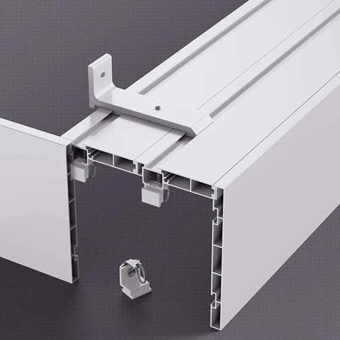 All In One Curtain Pelmet Box With Blackout Double Curtain Track For Ceiling Or Wall Mount, Easy Install Aluminum Rail Cover Box Frame Valance For Windows In Bedroom Or Office, Heavy Duty Dual Rails With Stopper And Pulley For Smooth Operation. white aluminum dual curtain track pelmet box with ceiling bracket