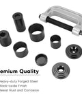 Ball joint press and U-joint removal tool kit with C-clamp and multiple black adapters
