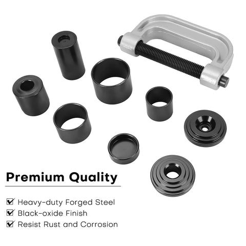 Ball joint press and U-joint removal tool kit with C-clamp and multiple black adapters