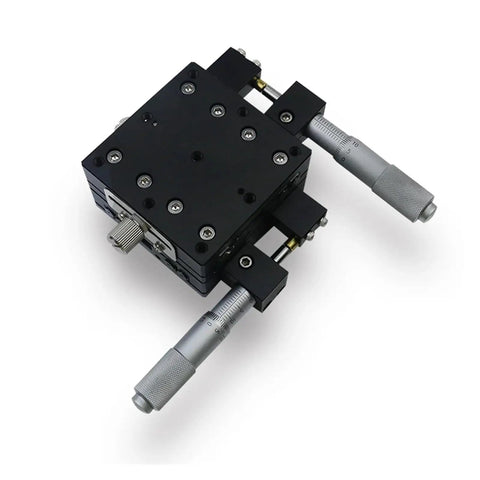 Motorized Rotary Positioning Stage With XY60 L36 Cross Roller Guide Slide Table and fine adjustment on white background.