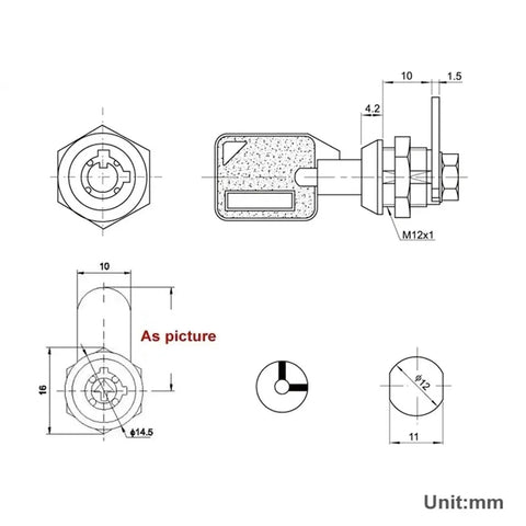 Technical drawing of Mini Tubular Cam Lock Set For Light Boxes And Attendance Machines Zinc Alloy Lock With Two Keys And Nut