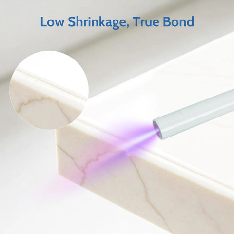 Quartz Countertop Repair Kit Quick Fix For Chips Cracks And Scratches On Granite Marble Ceramic Tile And More With 30 Second UV Cure shown repairing countertop edge